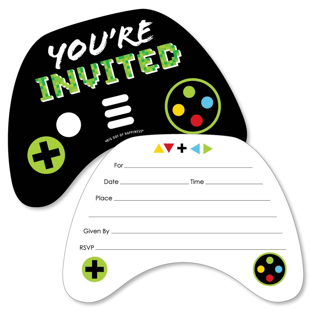 Big Dot of Happiness Video Game - Shaped Fill-in Invitations - Pixel Game Zone Party or Birthday Party Invitation Cards with Envelopes - Set of 12
